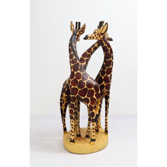 Hand Carved Painted Wooden 3 Giraffe Figurine Statute Dancing Mating Circle 12" - Picture 1 of 8